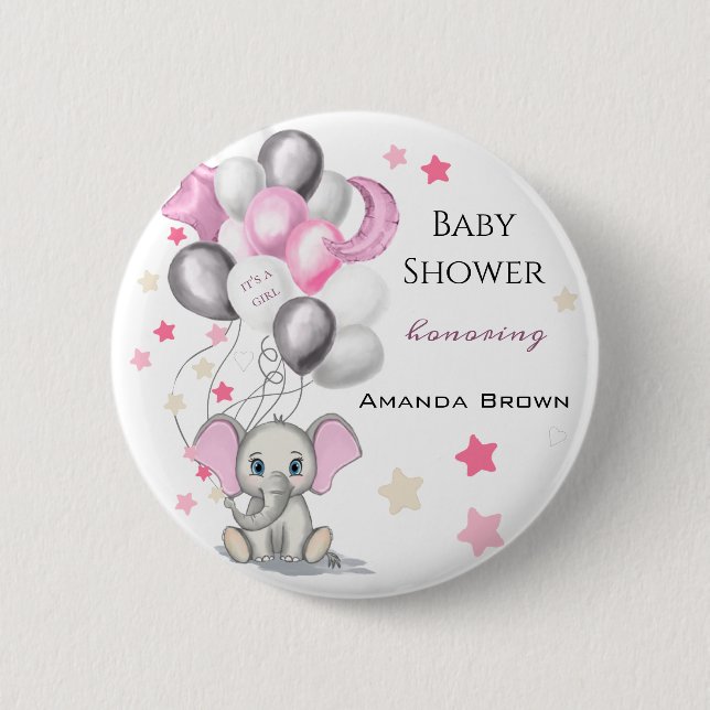 Niedlicher Baby Elephant mit Balloons Girl Baby Sh Button (Vorderseite)