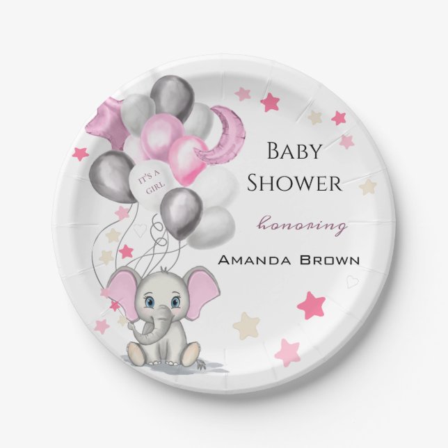 Niedlicher Baby Elephant mit Balloons Girl Baby Sh Pappteller (Vorderseite)