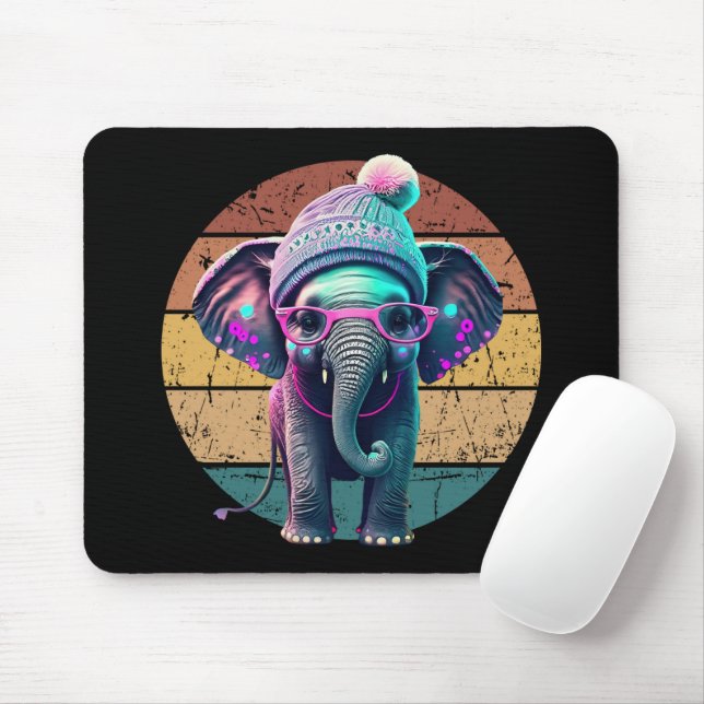 Niedlicher Baby Elephant mit Beanie und rosa Brill Mousepad (Mit Mouse)