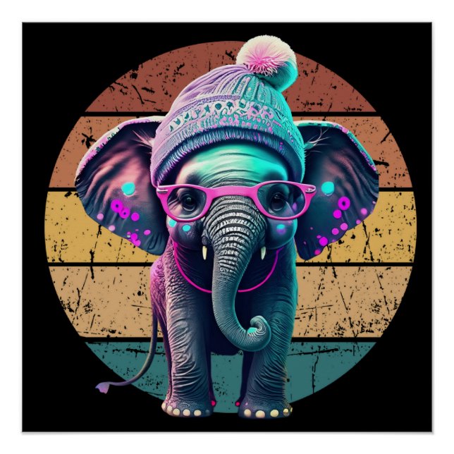 Niedlicher Baby Elephant mit Beanie und rosa Brill Poster (Vorderseite)