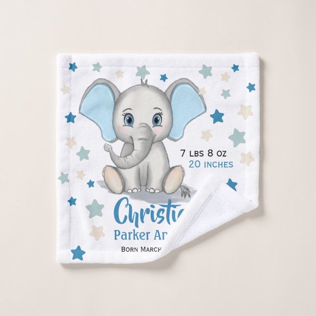 Niedlicher Baby Elephant mit Blue Oars Boy Geburts Badhandtuch Set (Waschlappen)