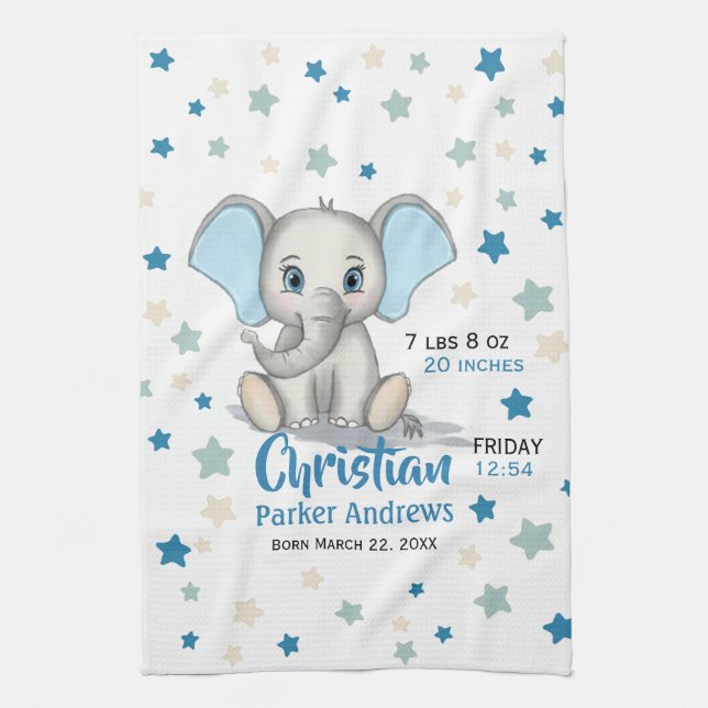 Niedlicher Baby Elephant mit Blue Oars Boy Geburts Geschirrtuch (Vertikal)