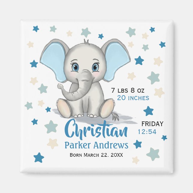 Niedlicher Baby Elephant mit Blue Oars Boy Geburts Magnet (Vorne)