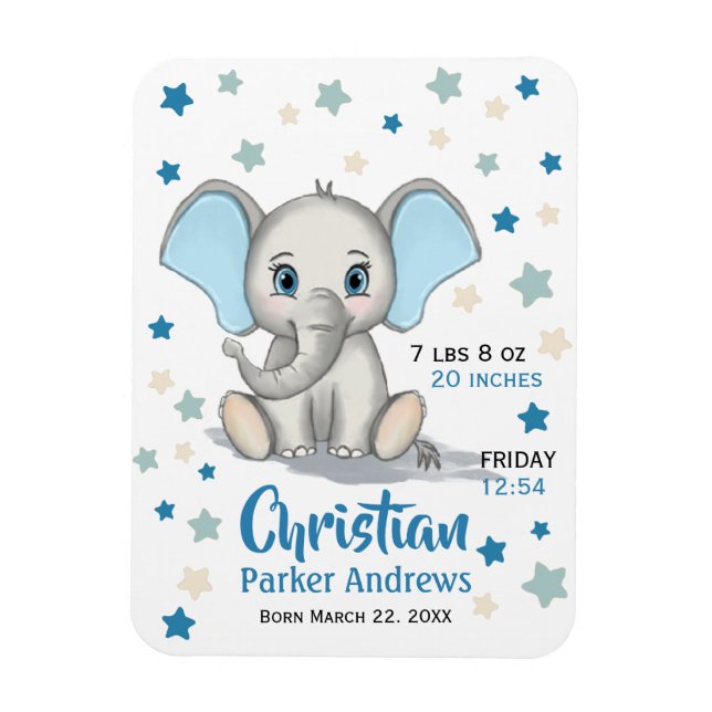 Niedlicher Baby Elephant mit Blue Oars Boy Geburts Magnet (Vertikal)