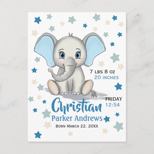 Niedlicher Baby Elephant mit Blue Oars Boy Geburts Postkarte (Vorderseite)