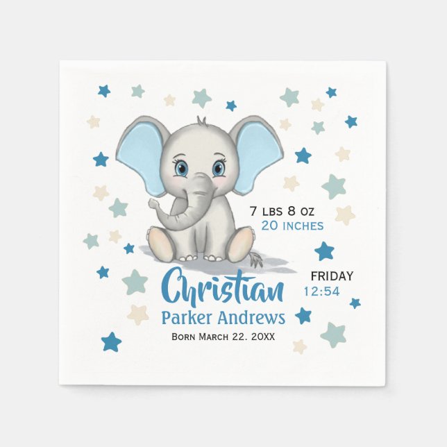 Niedlicher Baby Elephant mit Blue Oars Boy Geburts Serviette (Vorderseite)