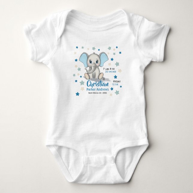 Niedlicher Baby Elephant mit Blue Oars Boy Geburts Strampler (Vorderseite)