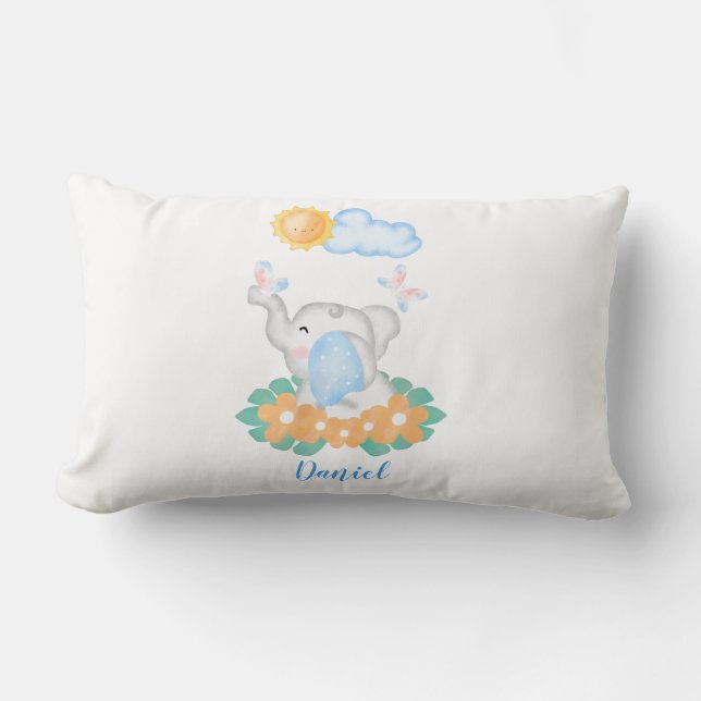 Niedlicher Baby Elephant mit Blume Lumbar Kissen (Vorderseite)