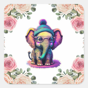 Niedlicher Baby Elephant mit Brille und Beanie Quadratischer Aufkleber