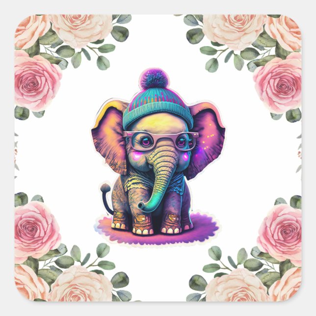 Niedlicher Baby Elephant mit Brille und Beanie Quadratischer Aufkleber (Vorderseite)