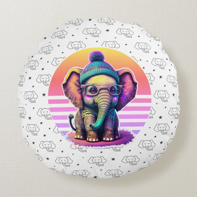 Niedlicher Baby Elephant mit Brille und Beanie Rundes Kissen (Vorderseite)