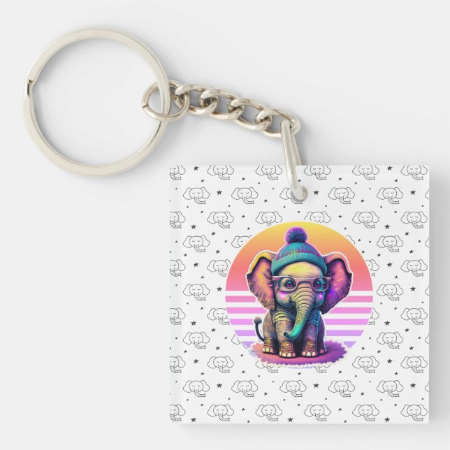Niedlicher Baby Elephant mit Brille und Beanie Schlüsselanhänger (Vorderseite)