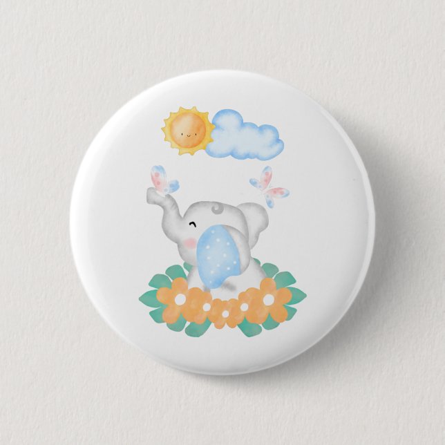 Niedlicher Baby Elephant mit orangefarbenen Blume Button (Vorderseite)