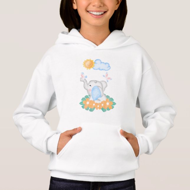Niedlicher Baby Elephant mit orangefarbenen Blume Hoodie (Vorderseite)
