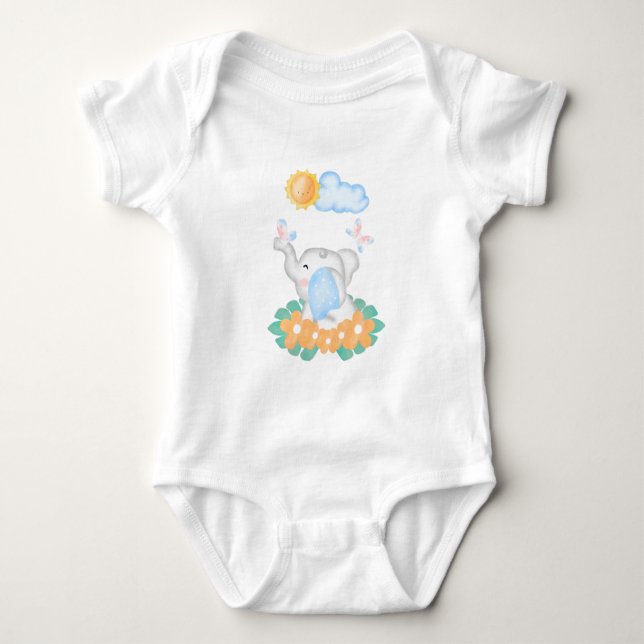 Niedlicher Baby Elephant mit orangefarbenen Blume Strampler (Vorderseite)