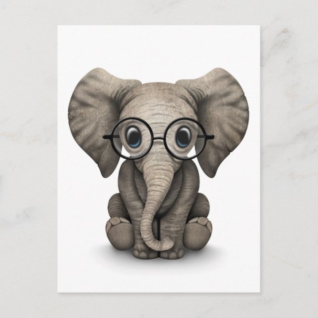 Niedlicher Baby Elephant mit Reading Glasses White Postkarte (Vorderseite)