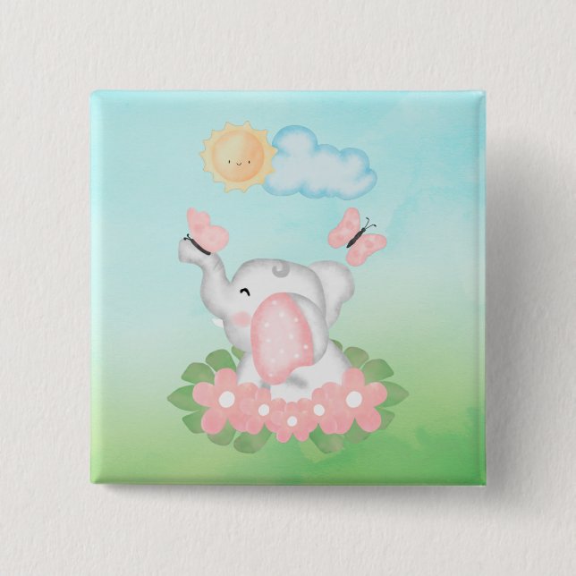 Niedlicher Baby Elephant mit rosa Blume Button (Vorderseite)