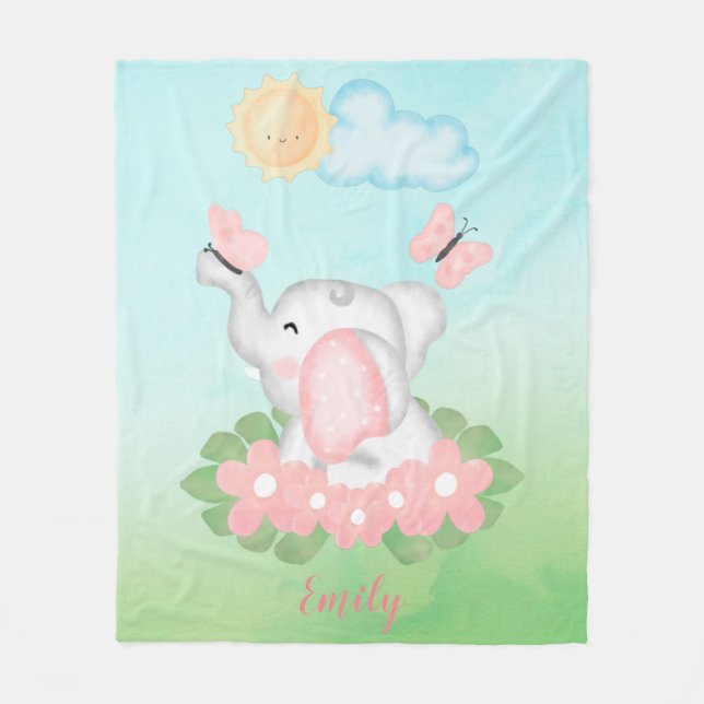 Niedlicher Baby Elephant mit rosa Blume Fleecedecke (Vorderseite)