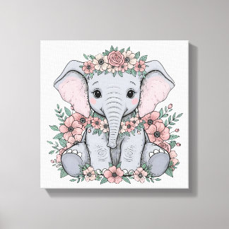 Niedlicher Baby Elephant mit rosa Blume Leinwanddruck