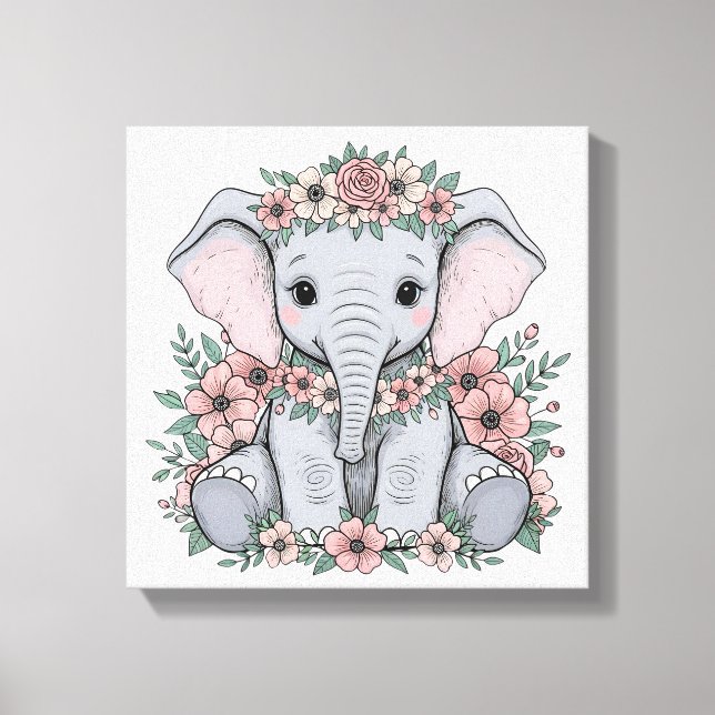 Niedlicher Baby Elephant mit rosa Blume Leinwanddruck (Vorderseite)