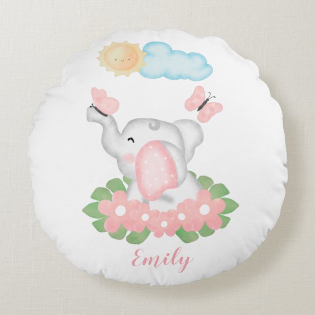 Niedlicher Baby Elephant mit rosa Blume Rundes Kissen (Vorderseite)