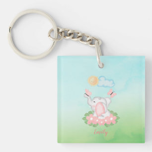 Niedlicher Baby Elephant mit rosa Blume Schlüsselanhänger