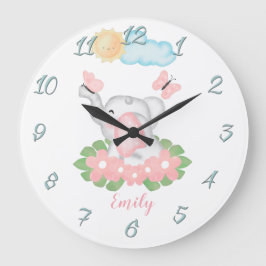 Niedlicher Baby Elephant mit rosa Blume Wall Clock Große Wanduhr