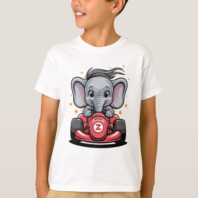 Niedlicher Baby Elephant Race Car Driver T-Shirt (Vorderseite)