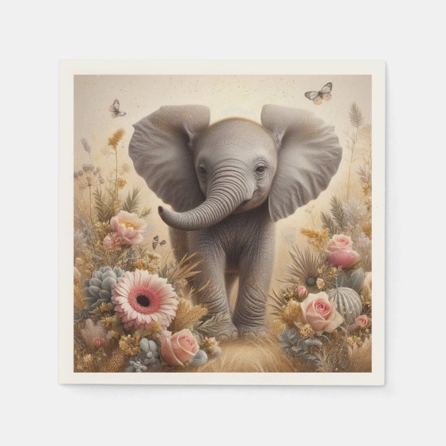 Niedlicher Baby Elephant und Blume Kinder Party Serviette (Vorderseite)