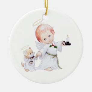 Niedlicher Baby-Engel und Katze Keramik Ornament