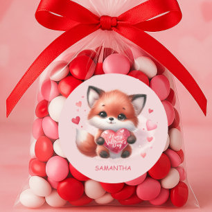 Niedlicher Baby Fox Red Heart Pink Happy Valentine Runder Aufkleber