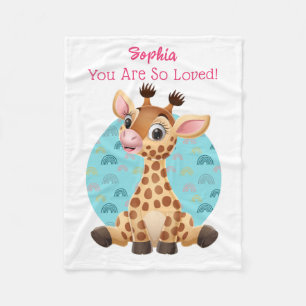 Niedlicher Baby-Giraffe-Cartoon, Name und Nachrich Fleecedecke
