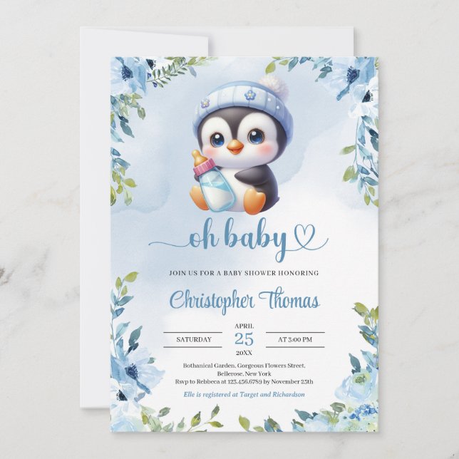 Niedlicher Baby Pinguin Aquarellblau Blütenschlang Einladung (Vorderseite)