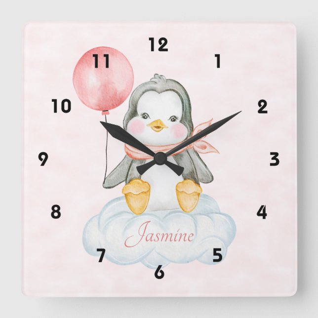 Niedlicher Baby-Pinguin auf einer Wolke Quadratische Wanduhr (Vorderseite)