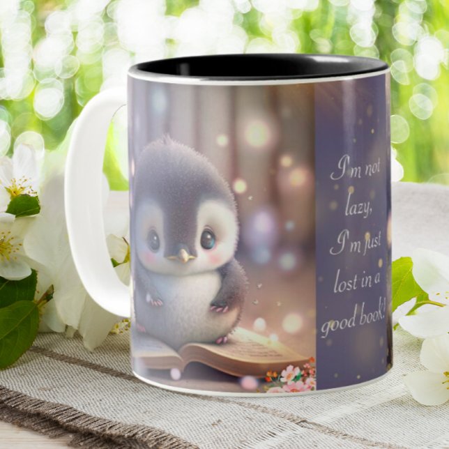Niedlicher Baby-Pinguin-Lesegerät für das Buch Son Zweifarbige Tasse (Von Creator hochgeladen)