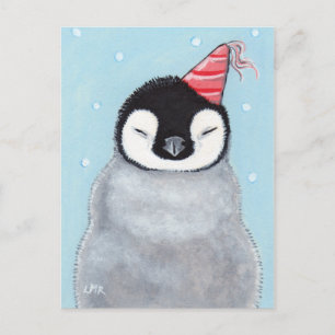 Niedlicher Baby-Pinguin mit einem Party-Hut-Gemäld Postkarte