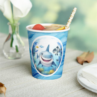 Niedlicher Baby Shark Fish Under Sea Birthday Boy Pappbecher