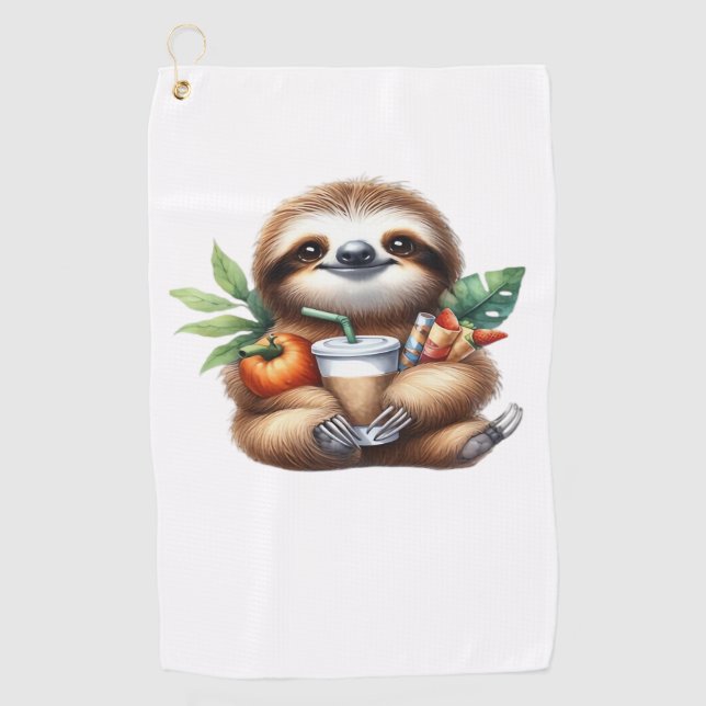 Niedlicher Baby Sloth mit Pumpkin Kaffee und Panca Golfhandtuch (Vorderseite)