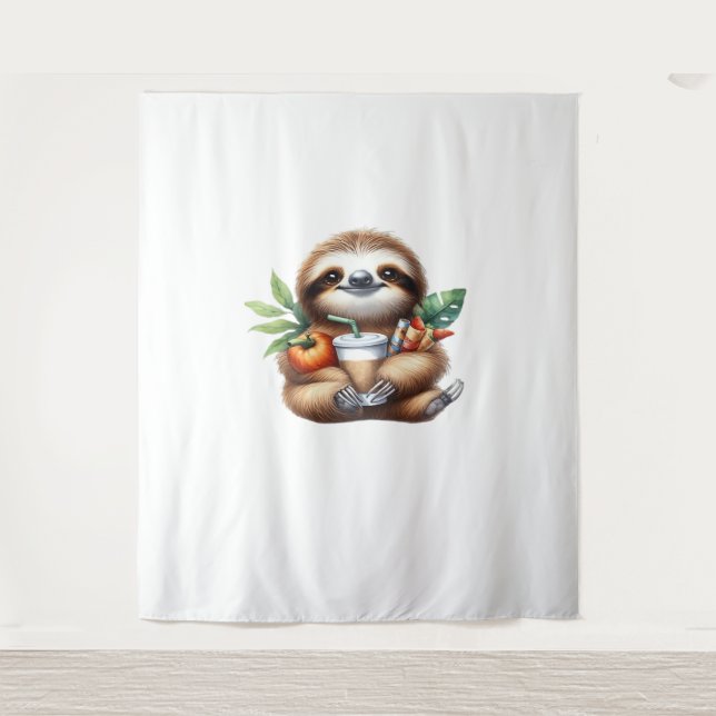 Niedlicher Baby Sloth mit Pumpkin Kaffee und Panca Wandteppich (Vorderseite)