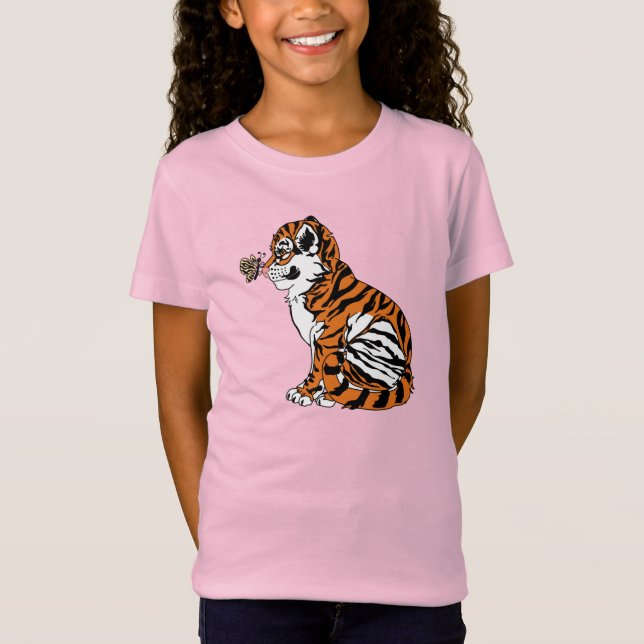 Niedlicher Baby Tiger mit Streifenschmetterling T-Shirt (Vorderseite)