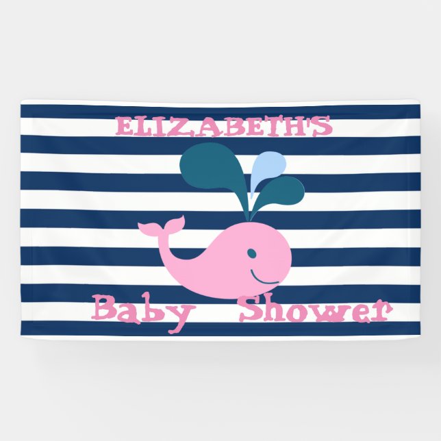Niedlicher Baby Whale, Navy Blue Stripes Personali Banner (Horizontal)