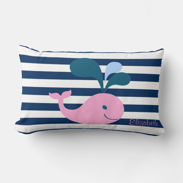 Niedlicher Baby Whale, Navy Blue Stripes Personali Lendenkissen (Vorderseite)