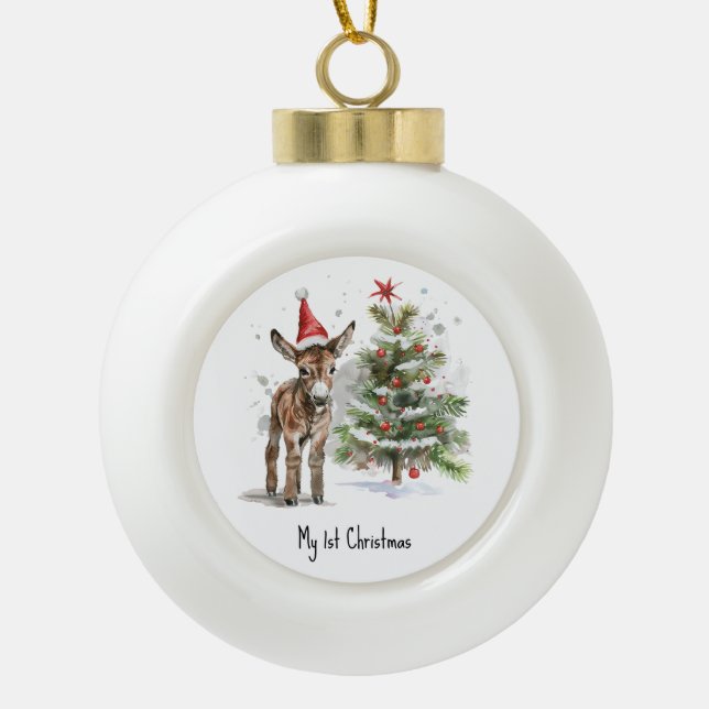 niedlicher Babydonkey und Weihnachtsbaum, kundensp Keramik Kugel-Ornament (Vorderseite)