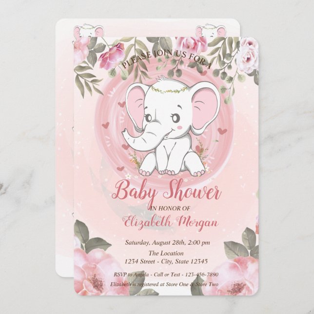 Niedlicher Babyelephant, Bloral-Baby-Dusche Einladung (Vorne/Hinten)
