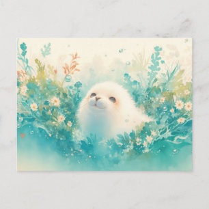 Niedlicher Babyrobbe in Aquarellwiese Postkarte