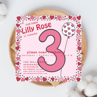 Niedlicher Ballon - Pink Kids 3. Geburtstag Einlad Einladung