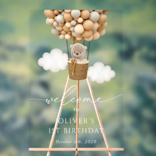 Niedlicher Bär, Beige Balloons, Erster Geburtstag  Acrylschild