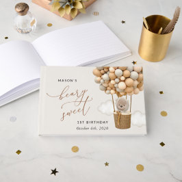 Niedlicher Bär, Beige Balloons, erster Geburtstag Gästebuch