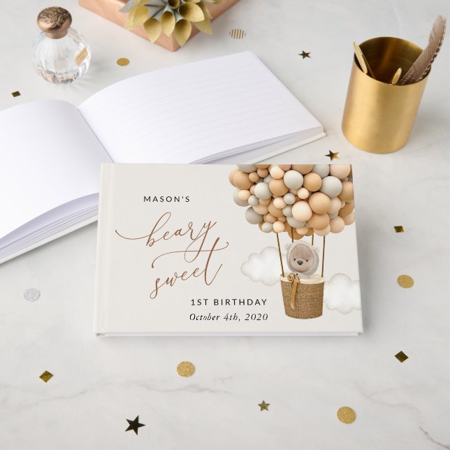 Niedlicher Bär, Beige Balloons, erster Geburtstag Gästebuch (Vorderseite Offen)