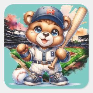 Niedlicher Bär beim Baseball Quadratischer Aufkleber